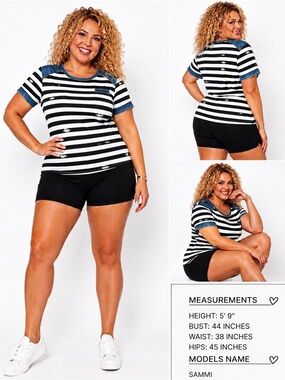 Striped Black & White Tee with faux Denim Trim and faux distress 2x